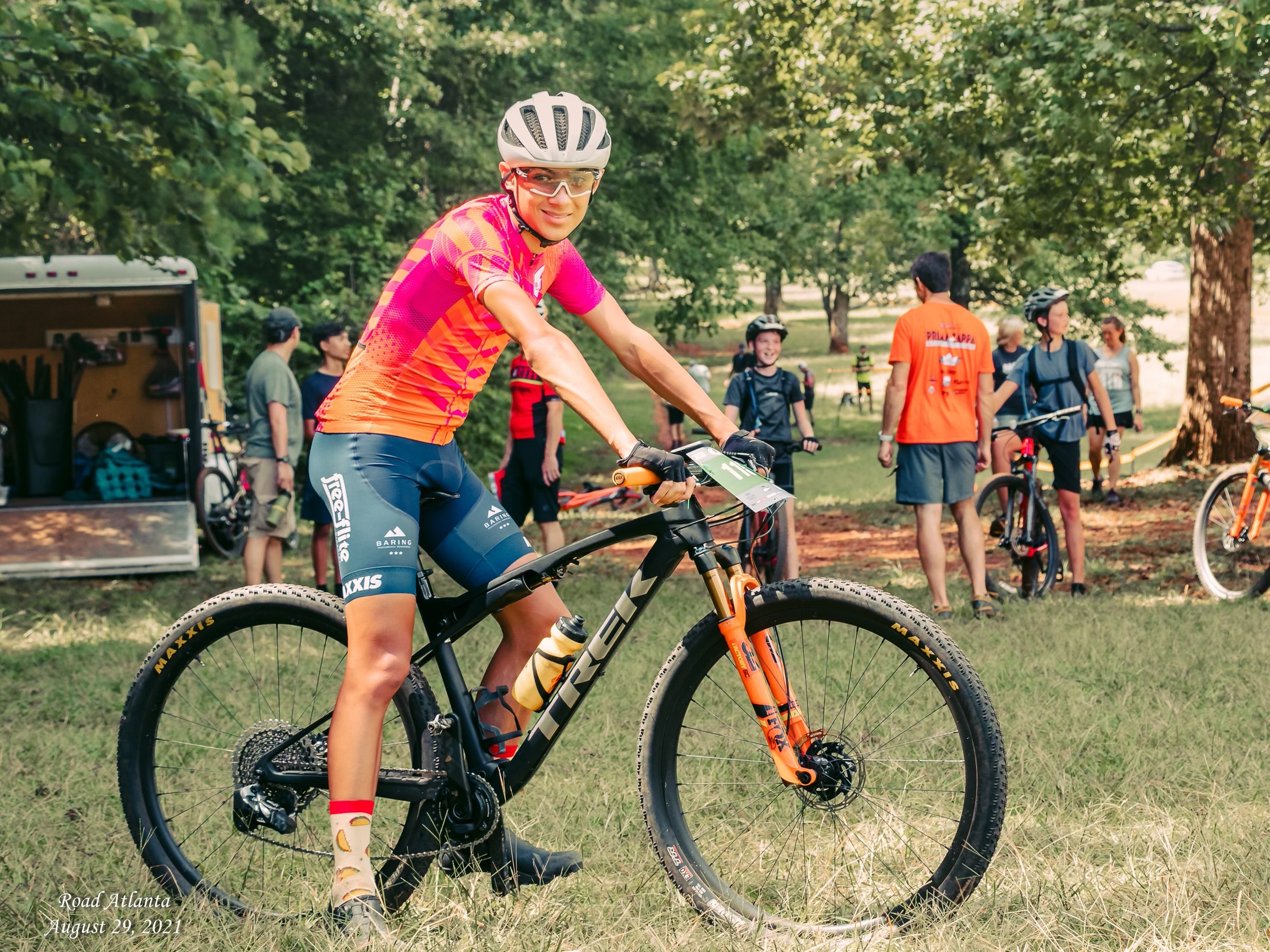 Douglas on his mountain bike between races